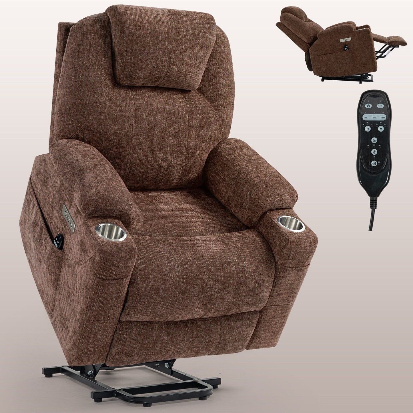 Blue Recliner Chair with 8-Point Vibration Massage, Lumbar Heating, Dual USB Ports, and Stainless Steel Drink Holders