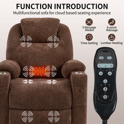 Blue Recliner Chair with 8-Point Vibration Massage, Lumbar Heating, Dual USB Ports, and Stainless Steel Drink Holders