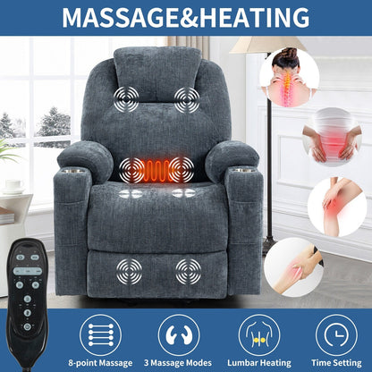 Blue Recliner Chair with 8-Point Vibration Massage, Lumbar Heating, Dual USB Ports, and Stainless Steel Drink Holders
