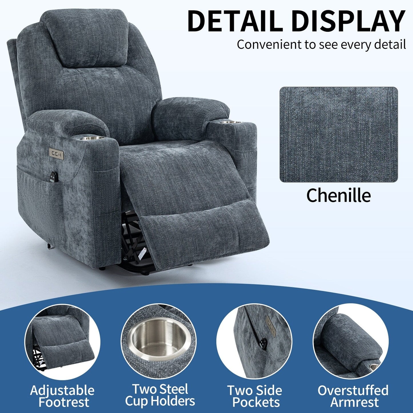 Blue Recliner Chair with 8-Point Vibration Massage, Lumbar Heating, Dual USB Ports, and Stainless Steel Drink Holders