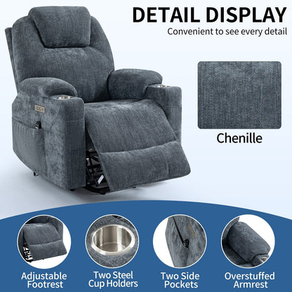 Blue Recliner Chair with 8-Point Vibration Massage, Lumbar Heating, Dual USB Ports, and Stainless Steel Drink Holders