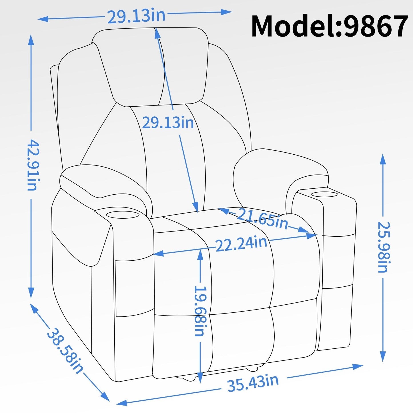 Blue Recliner Chair with 8-Point Vibration Massage, Lumbar Heating, Dual USB Ports, and Stainless Steel Drink Holders