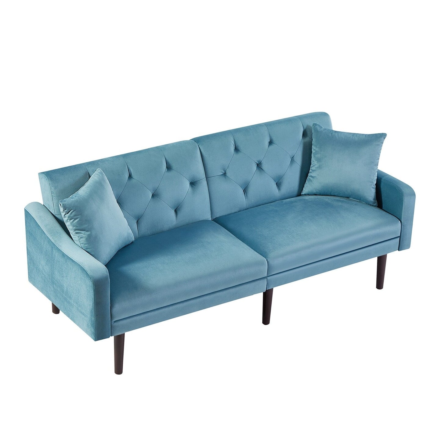 Blue Velvet 3-seater Sofa Bed with Throw Pillows and Wood Frame