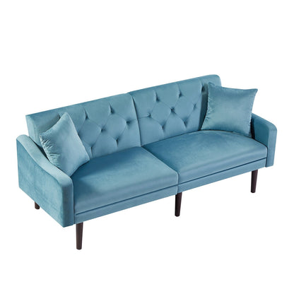 Blue Velvet 3-seater Sofa Bed with Throw Pillows and Wood Frame