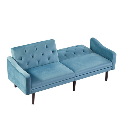 Blue Velvet 3-seater Sofa Bed with Throw Pillows and Wood Frame