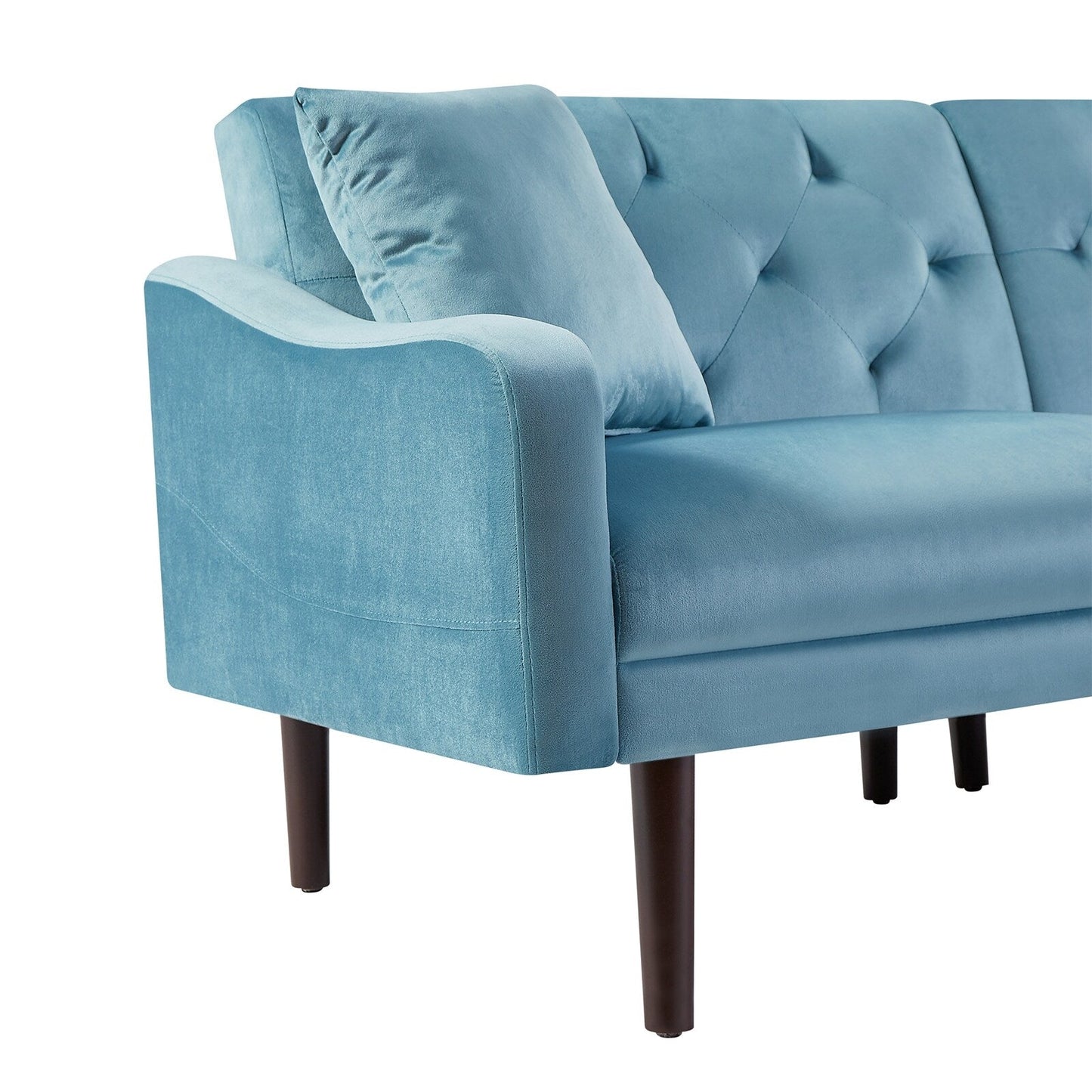 Blue Velvet 3-seater Sofa Bed with Throw Pillows and Wood Frame