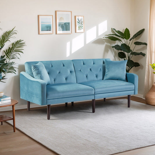 Blue Velvet 3-seater Sofa Bed with Throw Pillows and Wood Frame