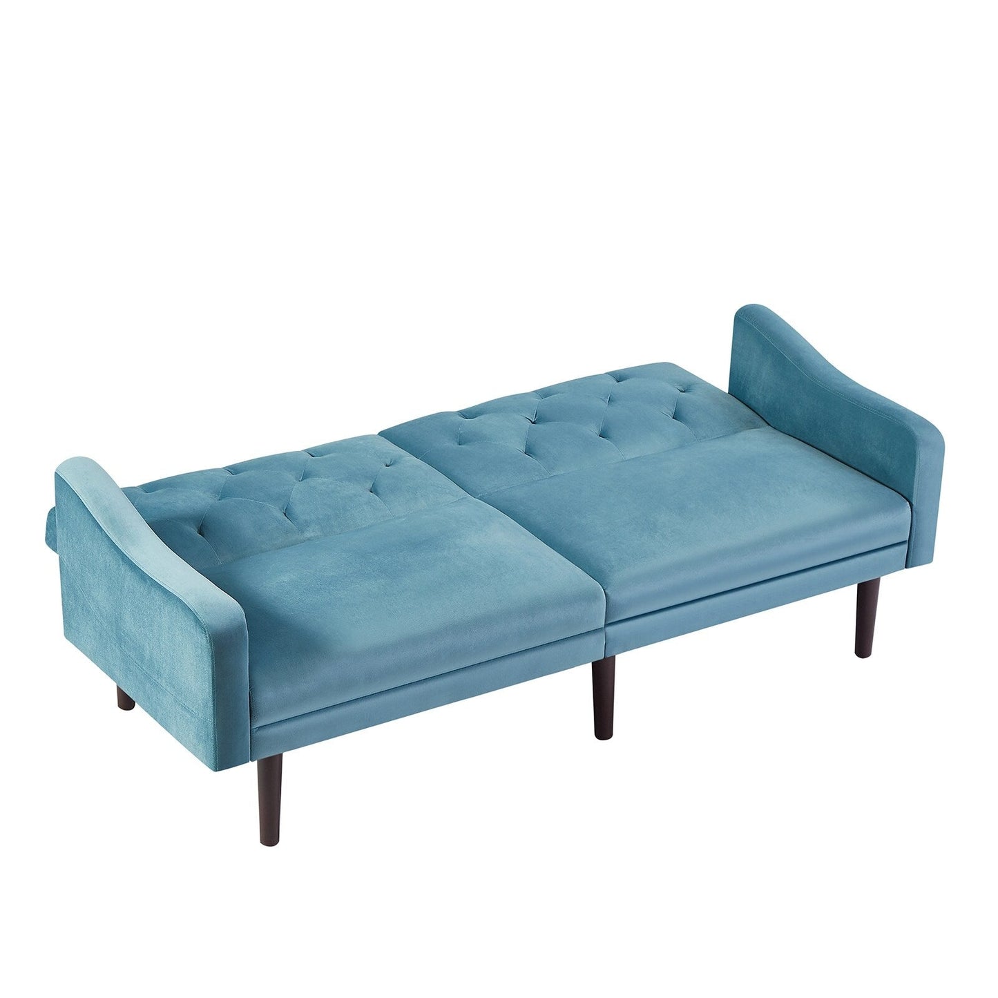 Blue Velvet 3-seater Sofa Bed with Throw Pillows and Wood Frame