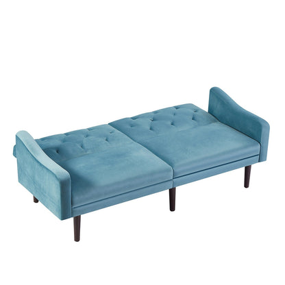 Blue Velvet 3-seater Sofa Bed with Throw Pillows and Wood Frame