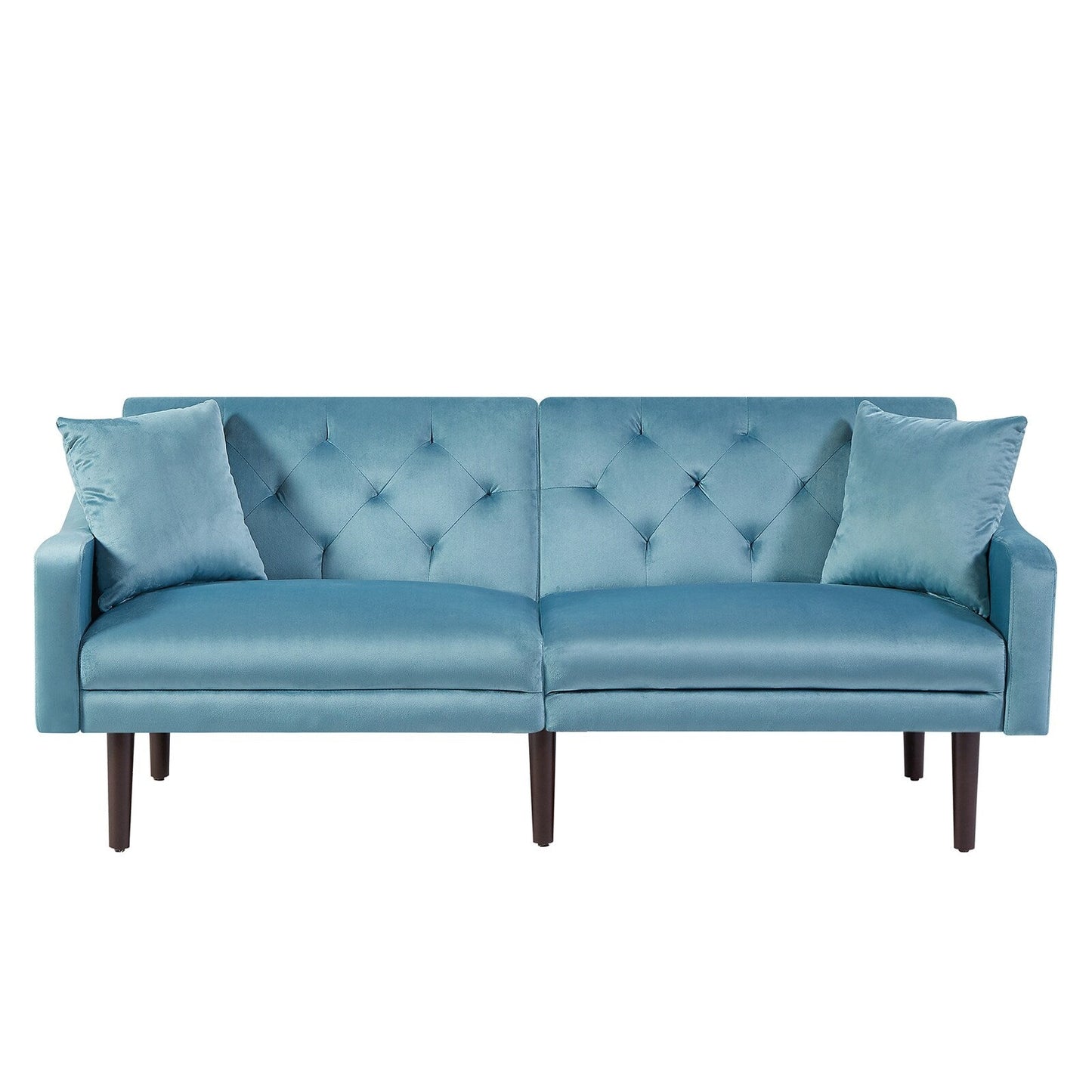 Blue Velvet 3-seater Sofa Bed with Throw Pillows and Wood Frame