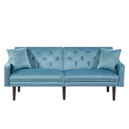 Blue Velvet 3-seater Sofa Bed with Throw Pillows and Wood Frame