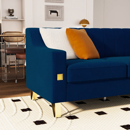 Blue Velvet 3-seater Sofa with Gold Accents