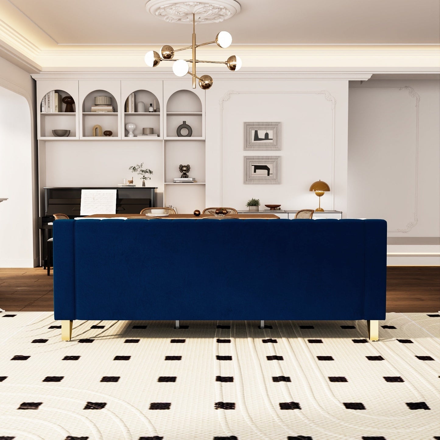 Blue Velvet 3-seater Sofa with Gold Accents