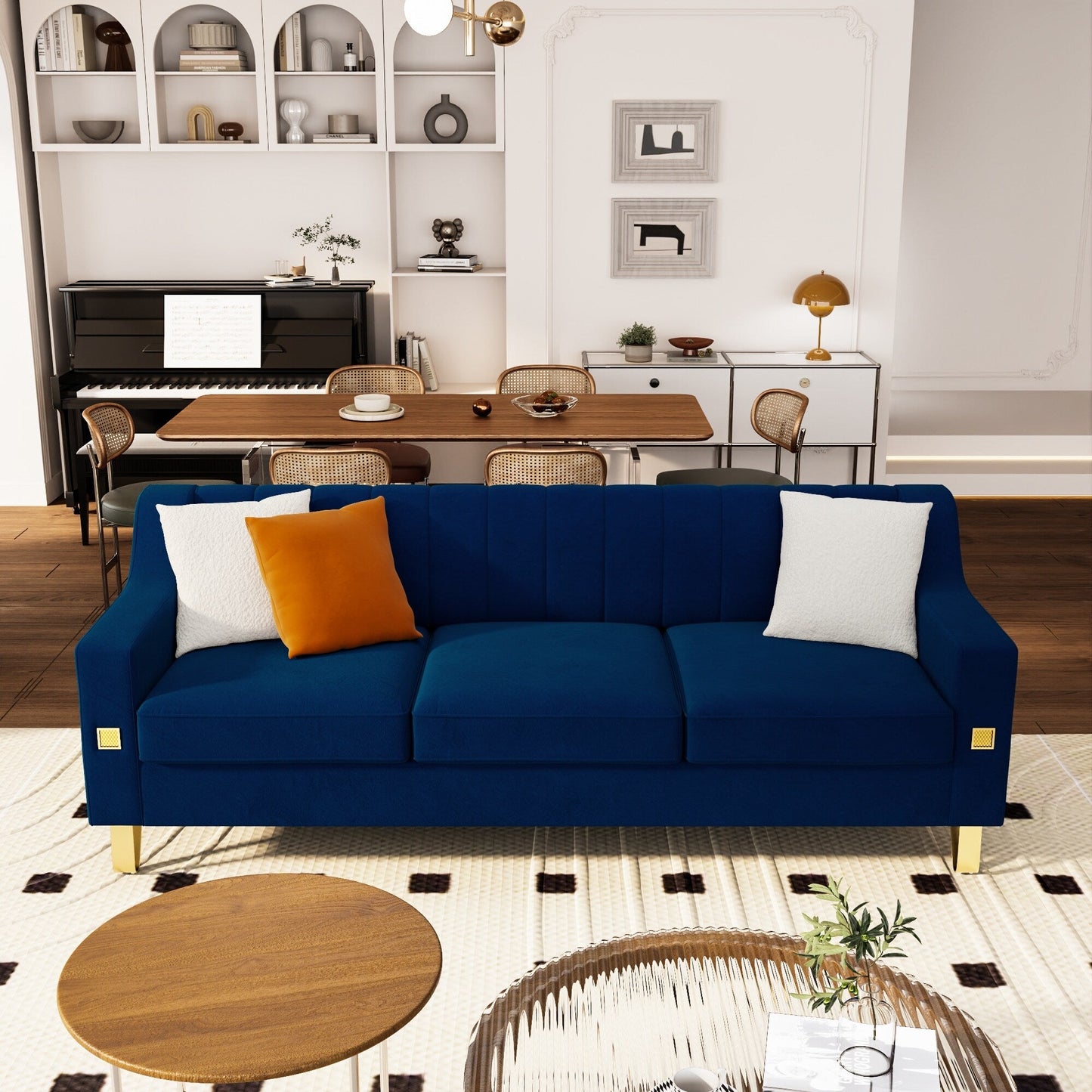Blue Velvet 3-seater Sofa with Gold Accents