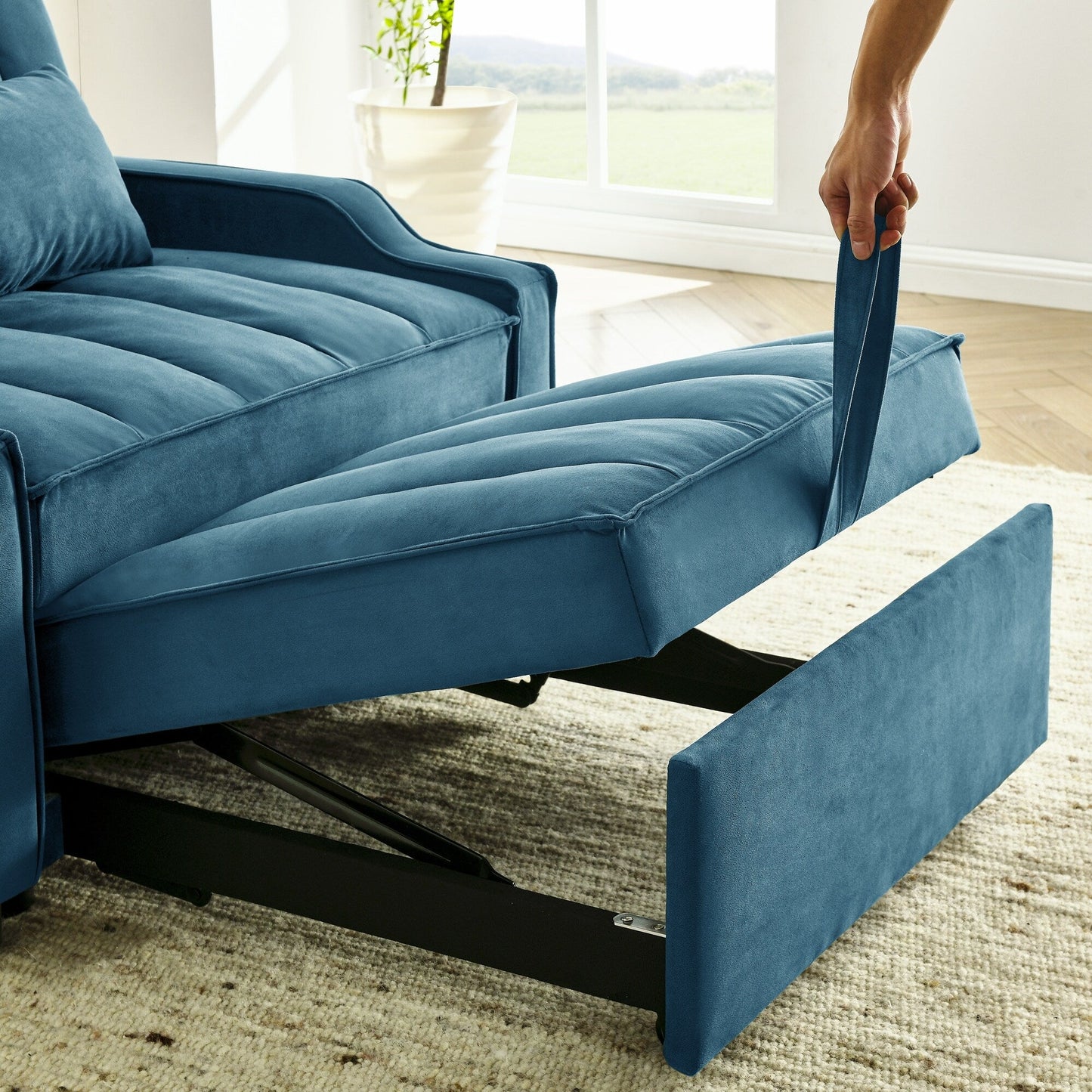 Blue Velvet 35.5 Convertible Single Sleeper Sofa with Pull-out Bed, Storage Pocket, and Pillows