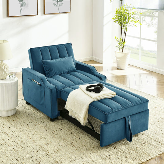 Blue Velvet 35.5 Convertible Single Sleeper Sofa with Pull-out Bed, Storage Pocket, and Pillows