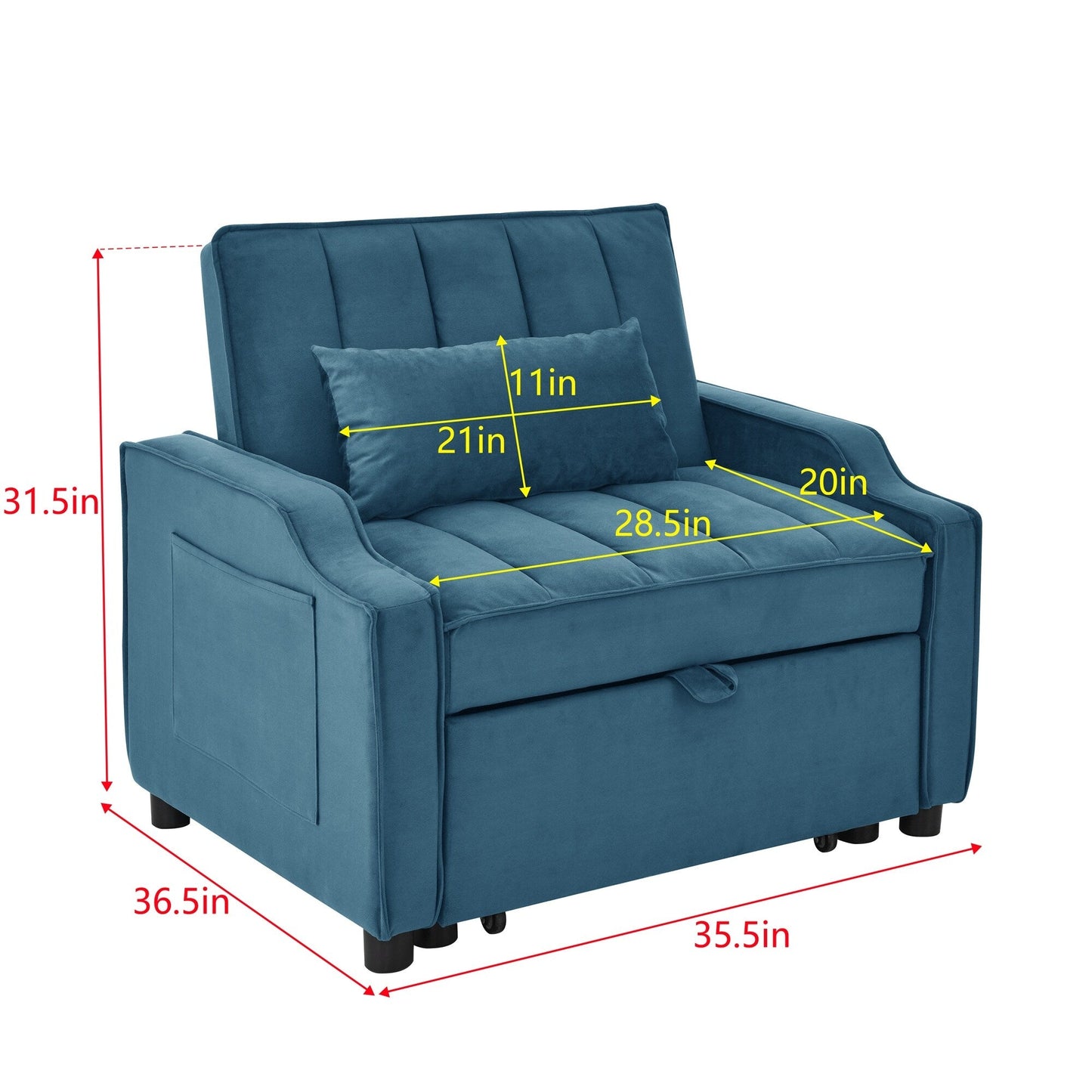 Blue Velvet 35.5 Convertible Single Sleeper Sofa with Pull-out Bed, Storage Pocket, and Pillows