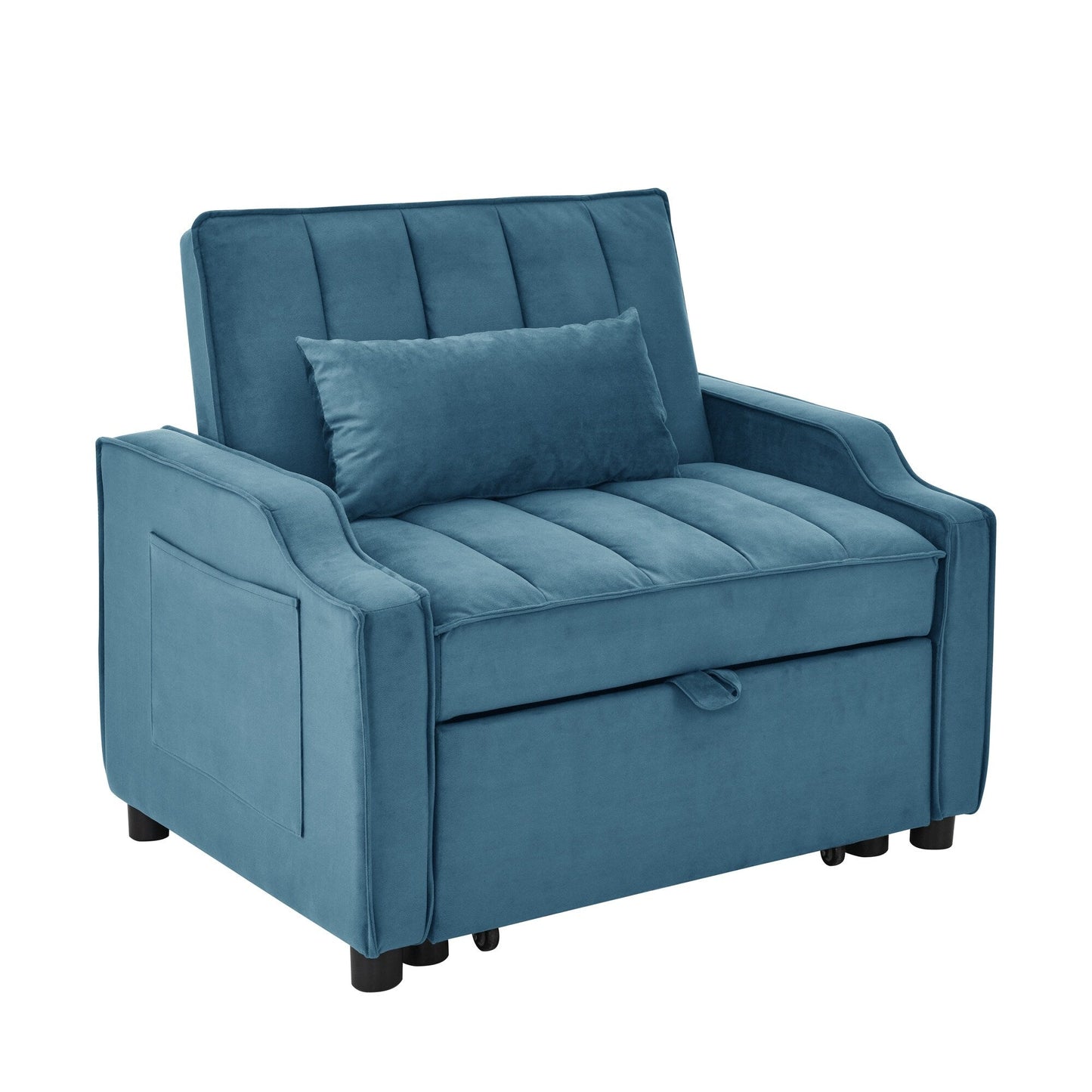 Blue Velvet 35.5 Convertible Single Sleeper Sofa with Pull-out Bed, Storage Pocket, and Pillows