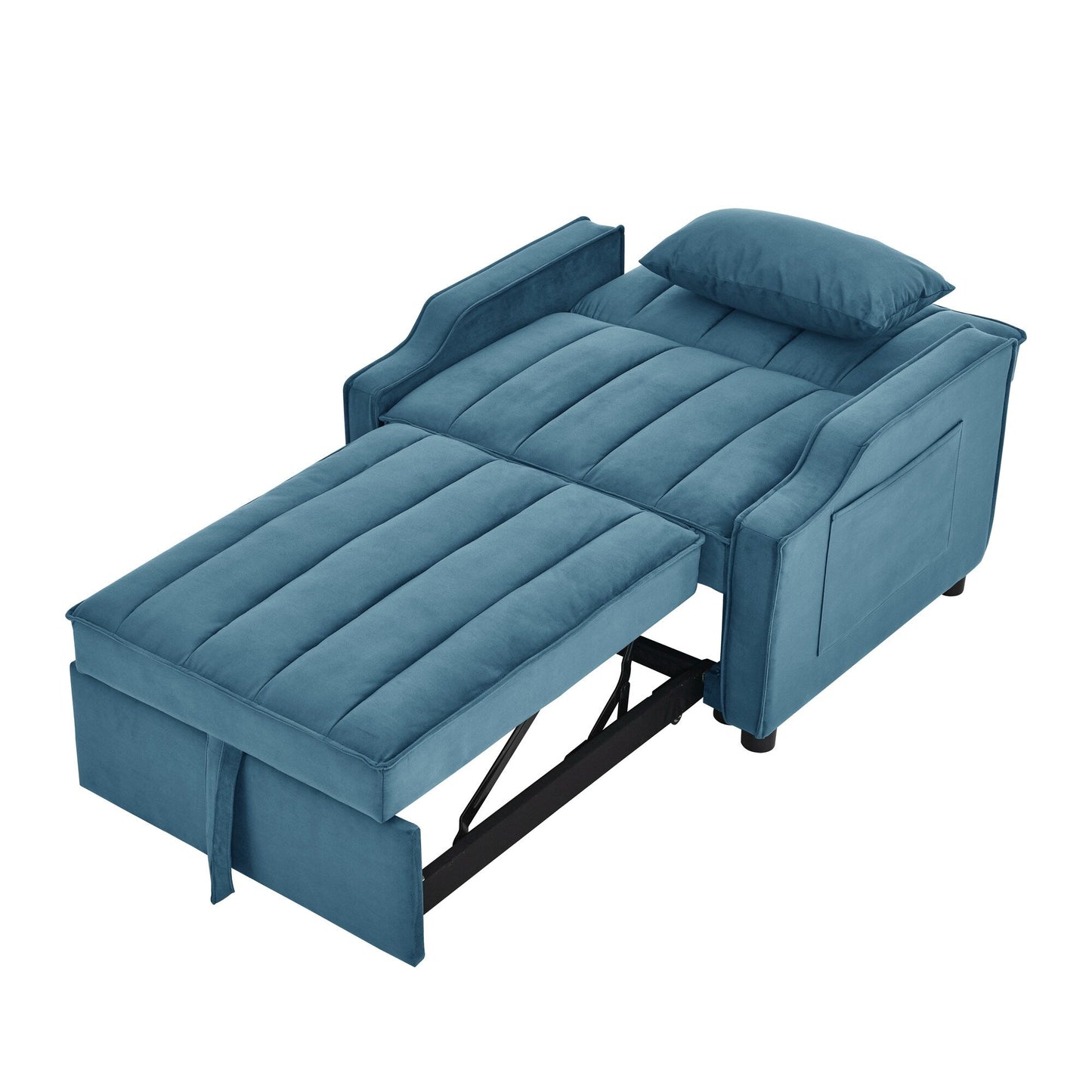 Blue Velvet 35.5 Convertible Single Sleeper Sofa with Pull-out Bed, Storage Pocket, and Pillows
