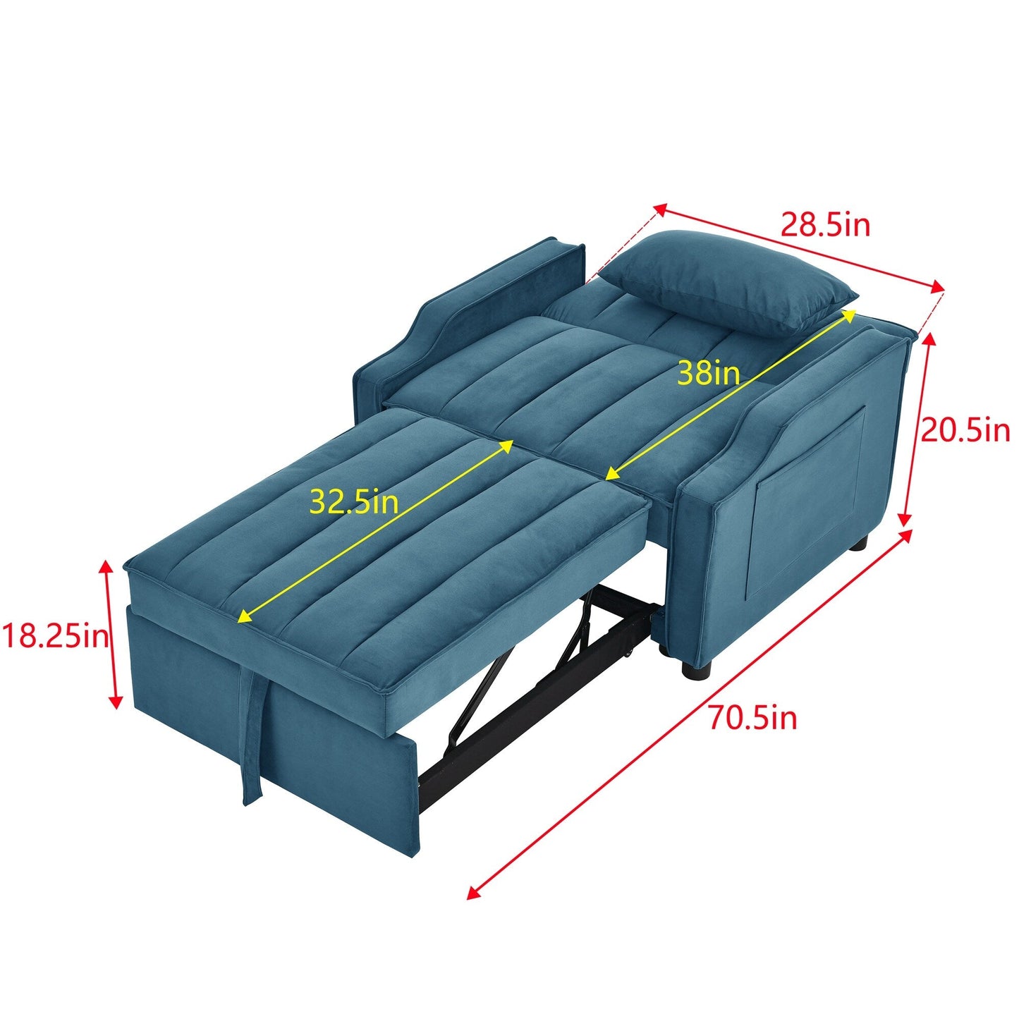 Blue Velvet 35.5 Convertible Single Sleeper Sofa with Pull-out Bed, Storage Pocket, and Pillows