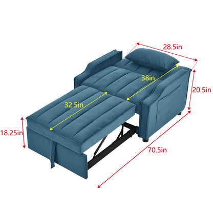 Blue Velvet 35.5 Convertible Single Sleeper Sofa with Pull-out Bed, Storage Pocket, and Pillows