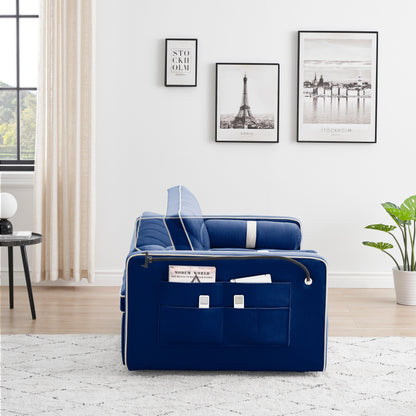 Blue Velvet 55'' Convertible 2 Seater Sleeper Sofa with Pull-Out Bed, Adjustable Recline, Side Pockets, Pillows, Phone Holder