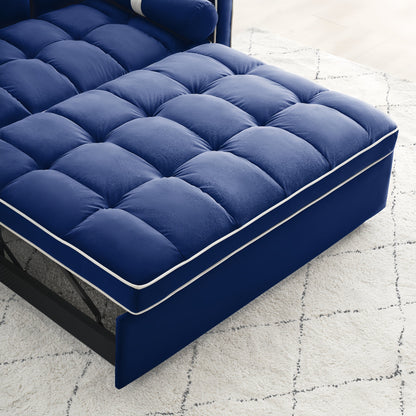 Blue Velvet 55'' Convertible 2 Seater Sleeper Sofa with Pull-Out Bed, Adjustable Recline, Side Pockets, Pillows, Phone Holder