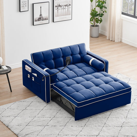 Blue Velvet 55'' Convertible 2 Seater Sleeper Sofa with Pull-Out Bed, Adjustable Recline, Side Pockets, Pillows, Phone Holder