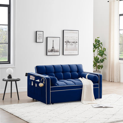 Blue Velvet 55'' Convertible 2 Seater Sleeper Sofa with Pull-Out Bed, Adjustable Recline, Side Pockets, Pillows, Phone Holder