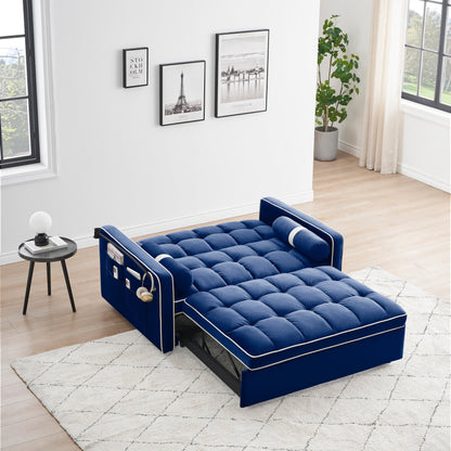 Blue Velvet 55'' Convertible Sleeper Sofa with Pull-Out Bed and Side Pockets