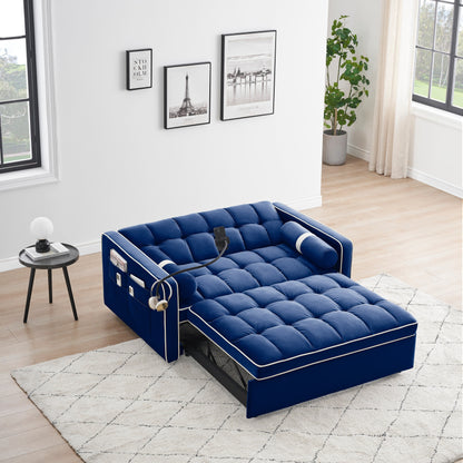 Blue Velvet 55'' Convertible Sleeper Sofa with Pull-Out Bed and Side Pockets