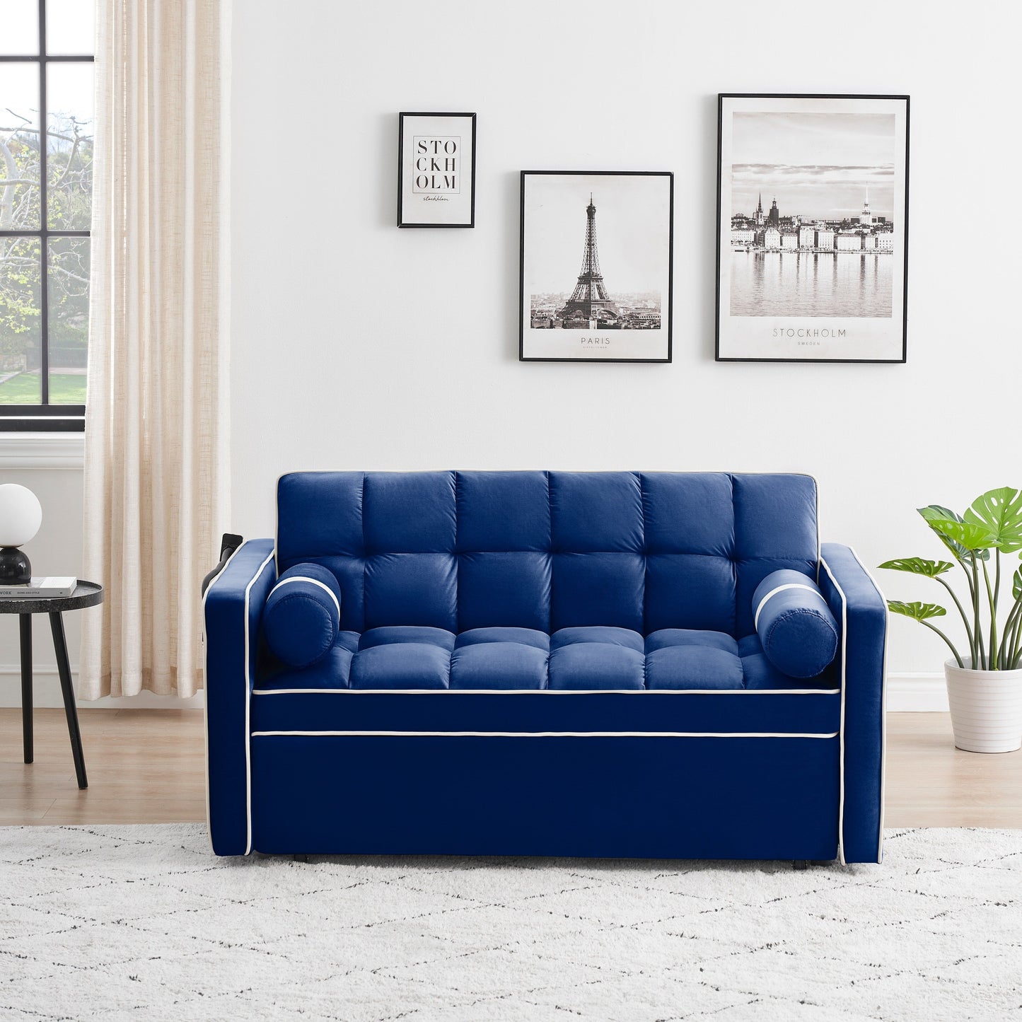 Blue Velvet 55'' Convertible Sleeper Sofa with Pull-Out Bed and Side Pockets