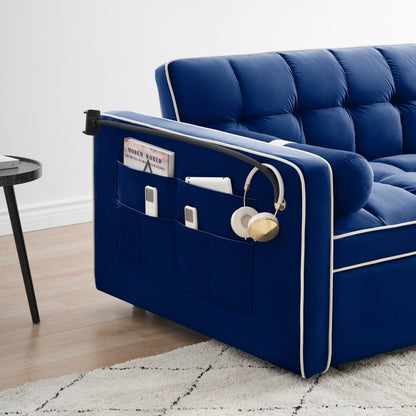 Blue Velvet 55'' Convertible Sleeper Sofa with Pull-Out Bed and Side Pockets
