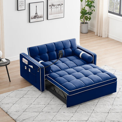 Blue Velvet 55'' Convertible Sleeper Sofa with Pull-Out Bed