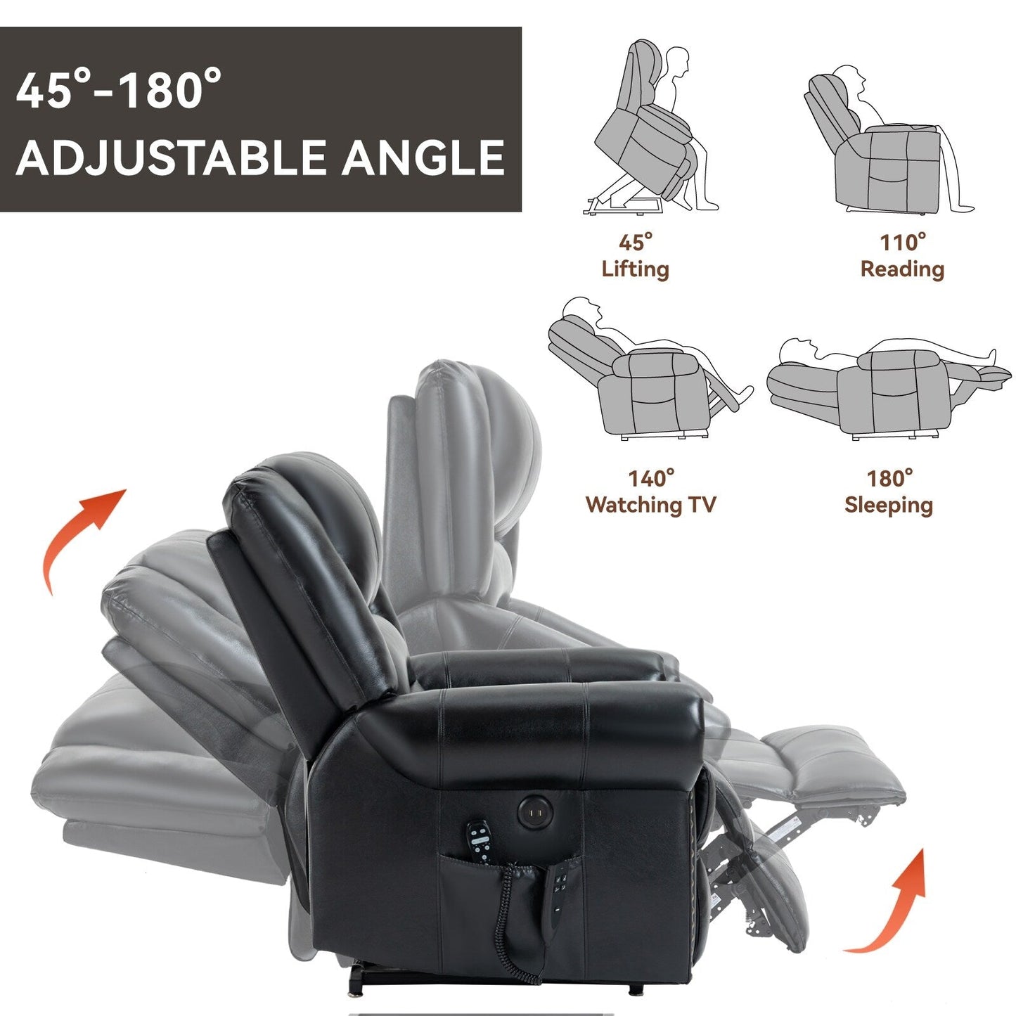Brown Genuine Leather Power Lift Recliner with Heat, Massage, and USB Ports