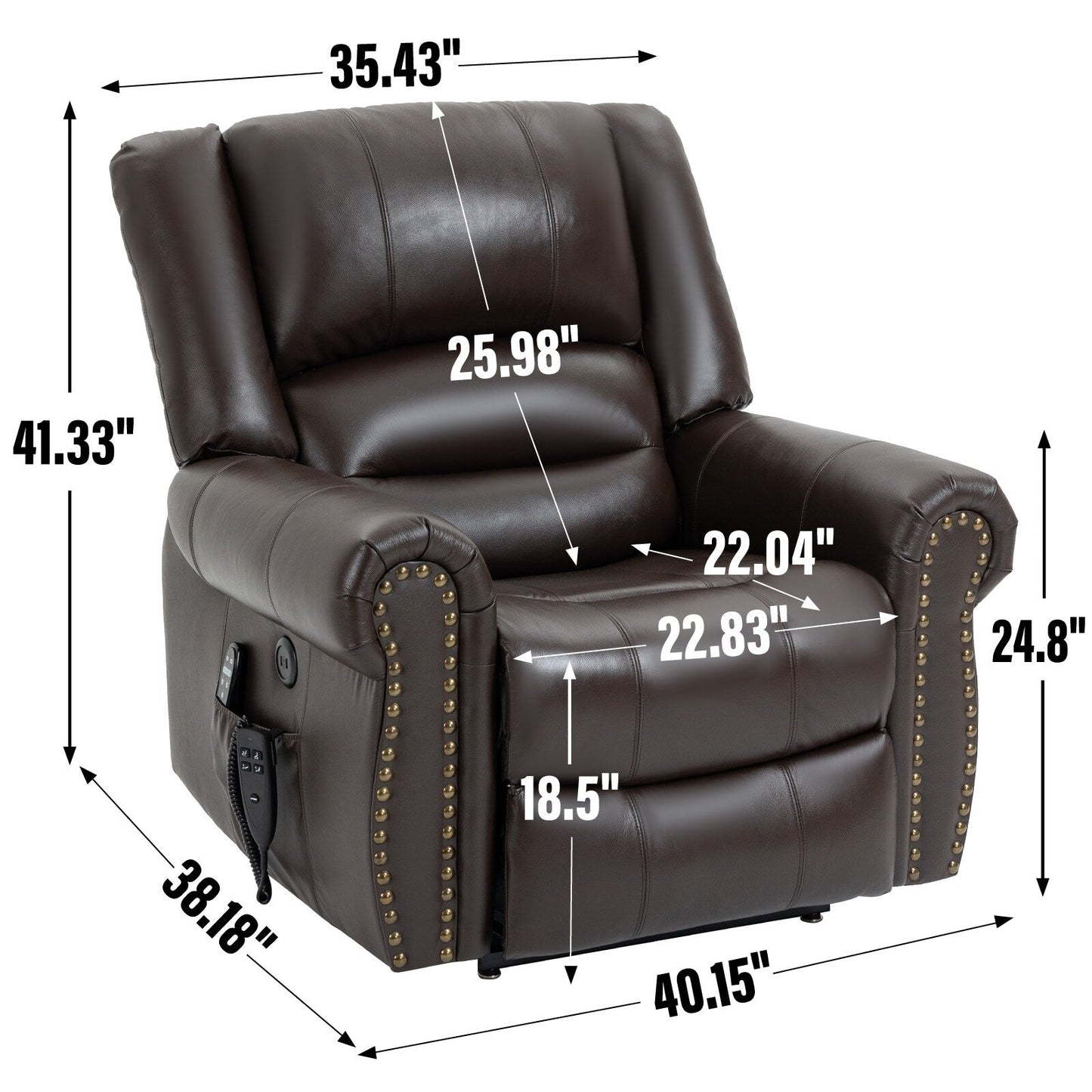 Brown Genuine Leather Power Lift Recliner with Heat, Massage, and USB Ports
