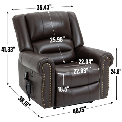 Brown Genuine Leather Power Lift Recliner with Heat, Massage, and USB Ports