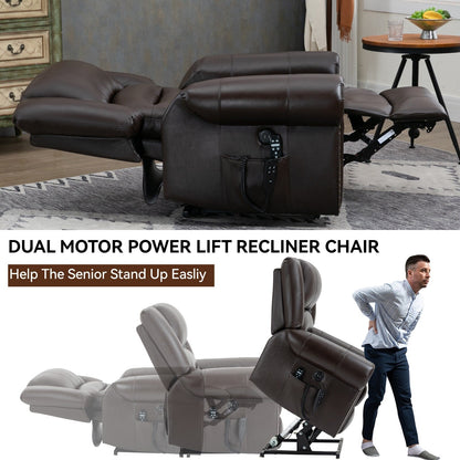 Brown Genuine Leather Power Lift Recliner with Heat, Massage, and USB Ports