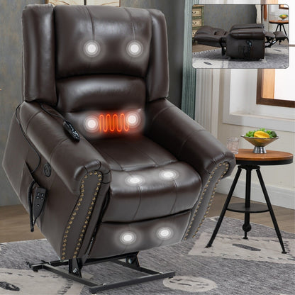 Brown Genuine Leather Power Lift Recliner with Heat, Massage, and USB Ports