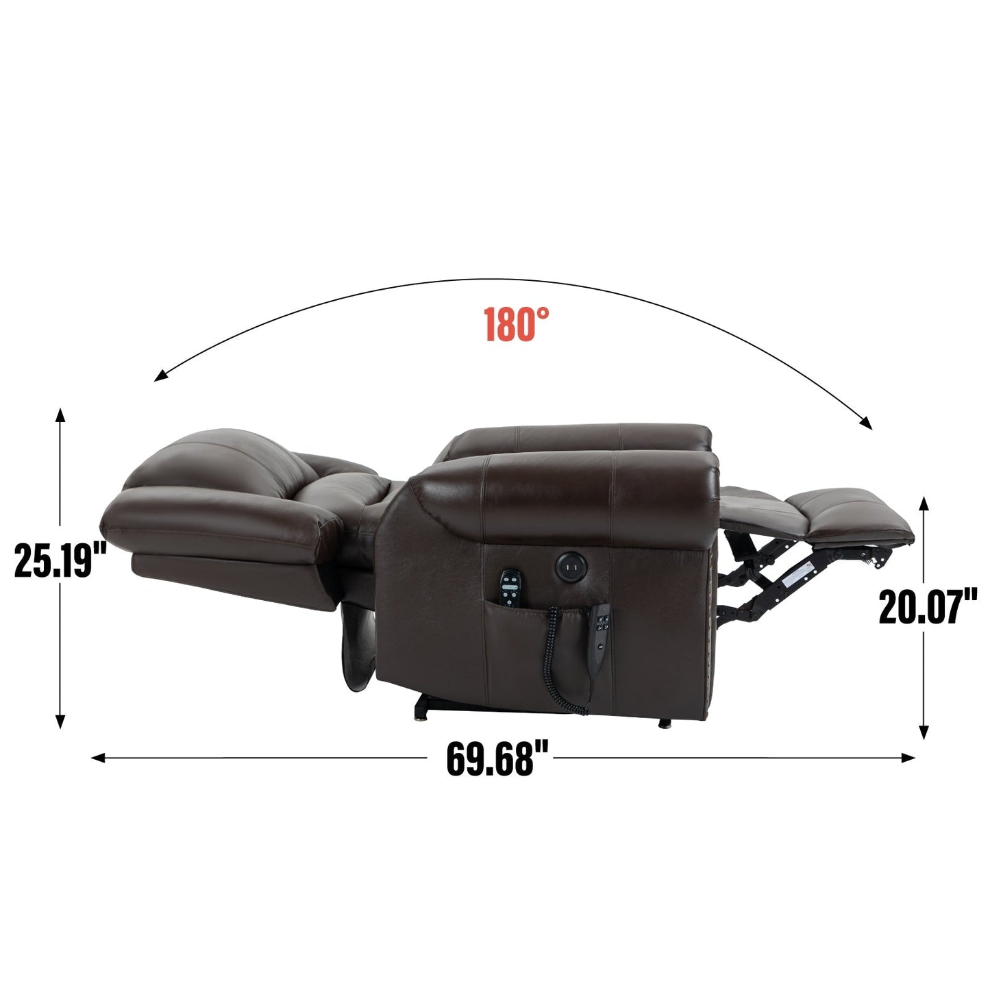 Brown Genuine Leather Power Recliner with Dual Motors, Heating Massage, USB Ports, and Customizable Recline Angles