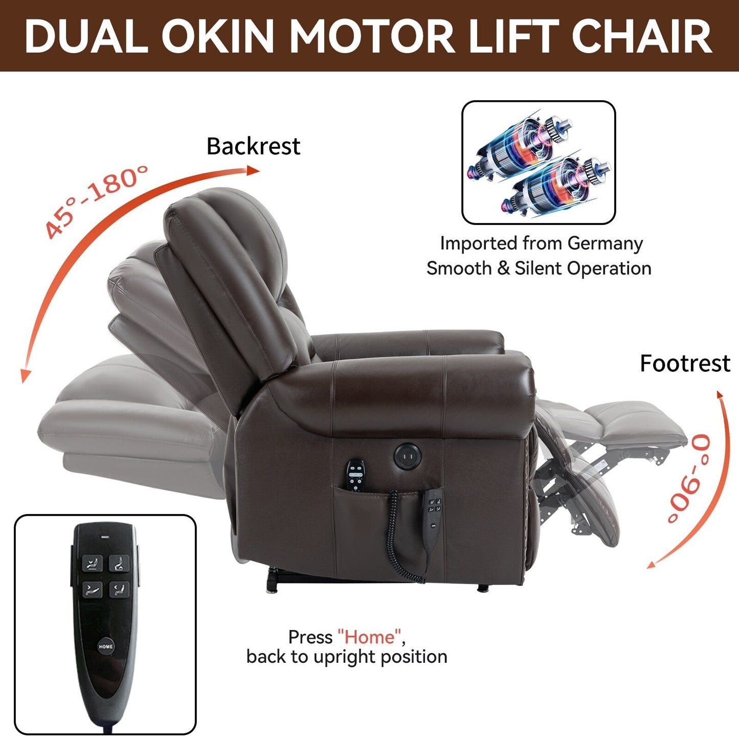 Brown Genuine Leather Power Recliner with Dual Motors, Heating Massage, USB Ports, and Customizable Recline Angles