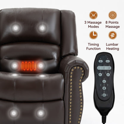 Brown Genuine Leather Power Recliner with Dual Motors, Heating Massage, USB Ports, and Customizable Recline Angles