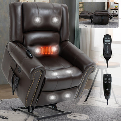 Brown Genuine Leather Power Recliner with Dual Motors, Heating Massage, USB Ports, and Customizable Recline Angles