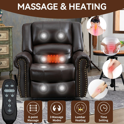 Brown Genuine Leather Power Recliner with Dual Motors, Heating Massage, USB Ports, and Customizable Recline Angles