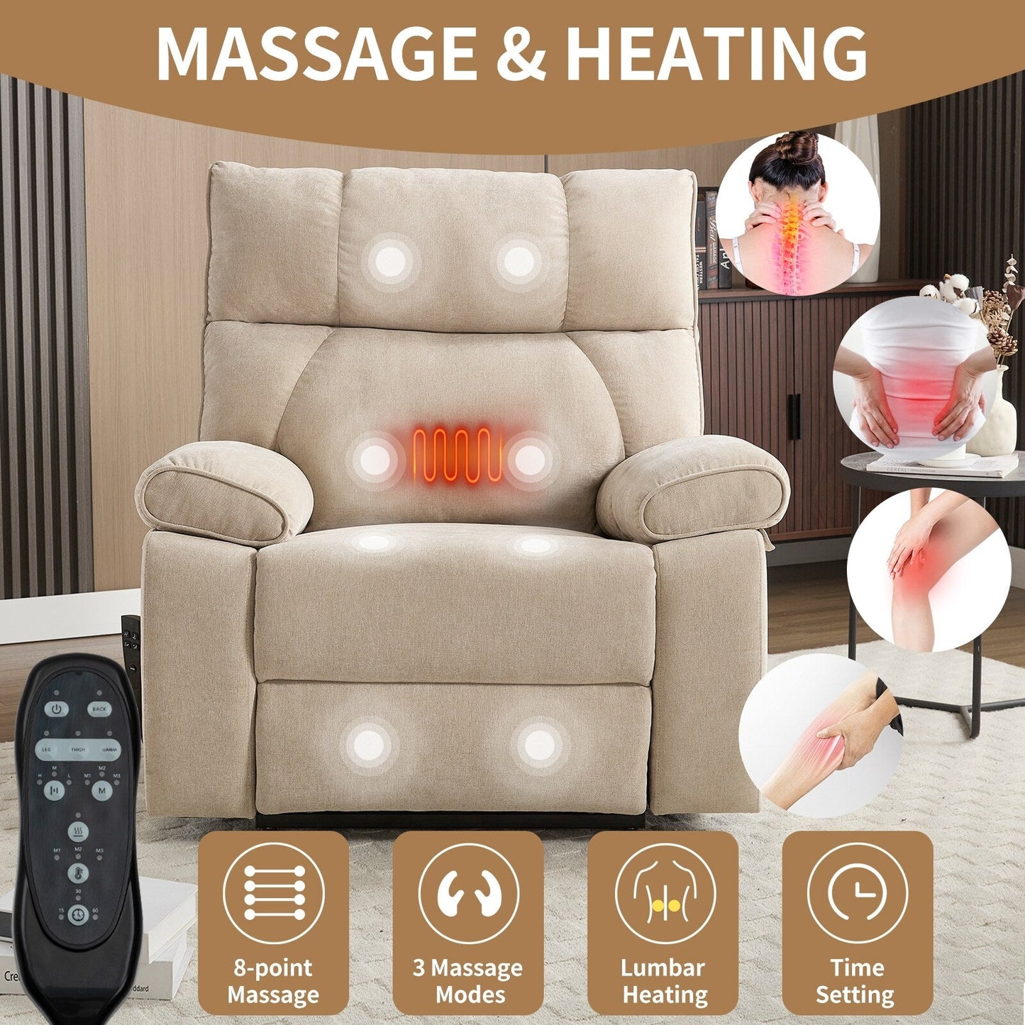 Brown Heat Massage Dual Motor Infinite Position Up to 350 LBS Large Electric Power Lift Recliners with Power-Remote