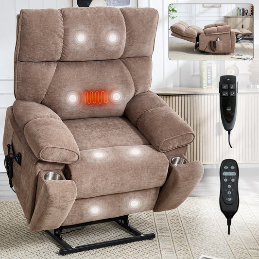 Brown Heat Massage Dual Motor Infinite Position Up to 350 LBS Large Electric Power Lift Recliners with Power-Remote