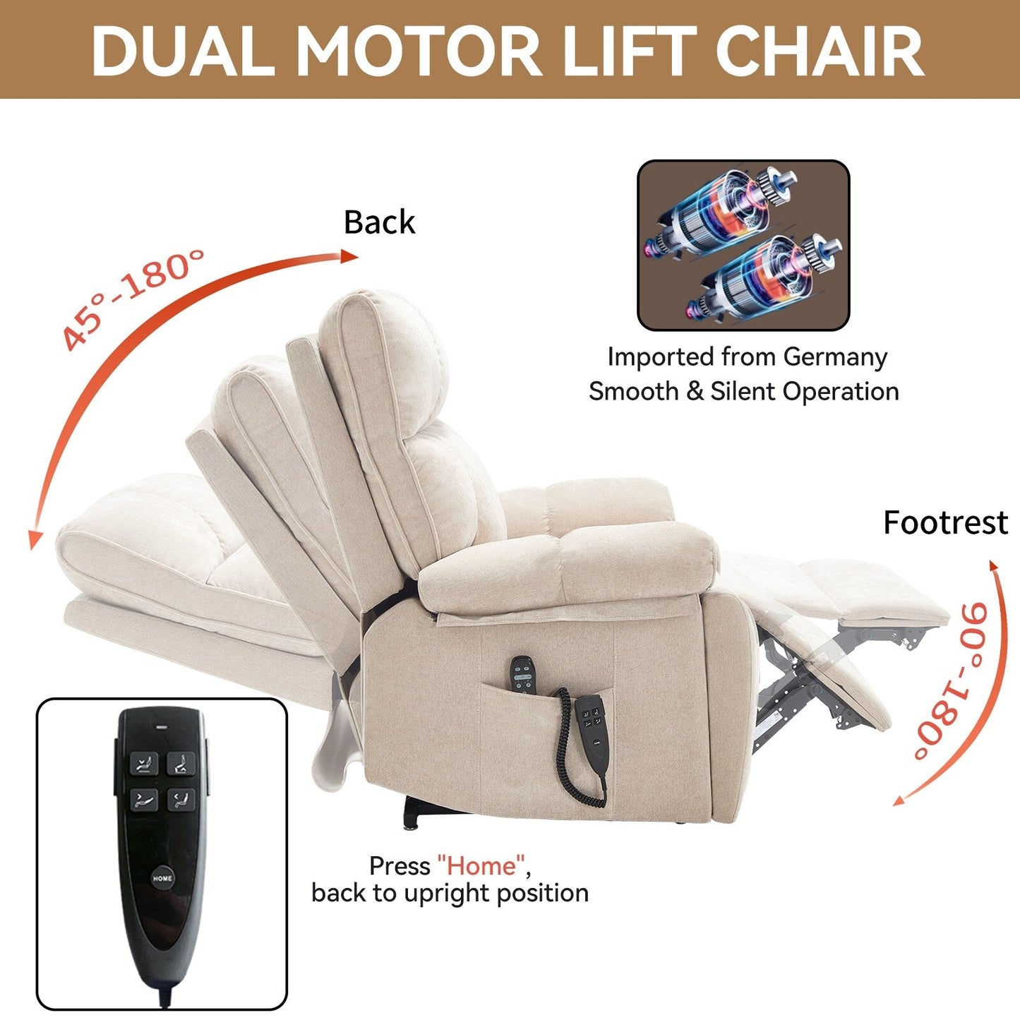 Brown Heat Massage Dual Motor Infinite Position Up to 350 LBS Large Electric Power Lift Recliners with Power-Remote