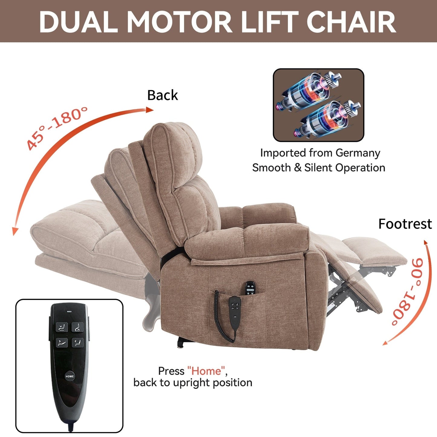 Brown Heat Massage Dual Motor Infinite Position Up to 350 LBS Large Electric Power Lift Recliners with Power-Remote