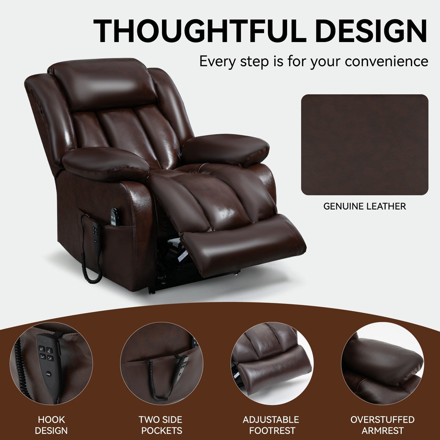 Brown Leather Power Lift Recliner with Massage, Lumbar Heat, and Dual Motors