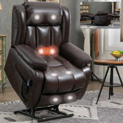Brown Leather Power Lift Recliner with Massage, Lumbar Heat, and Dual Motors